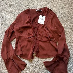 NWT - Princess Polly Burgundy Lace-Trim Blouse